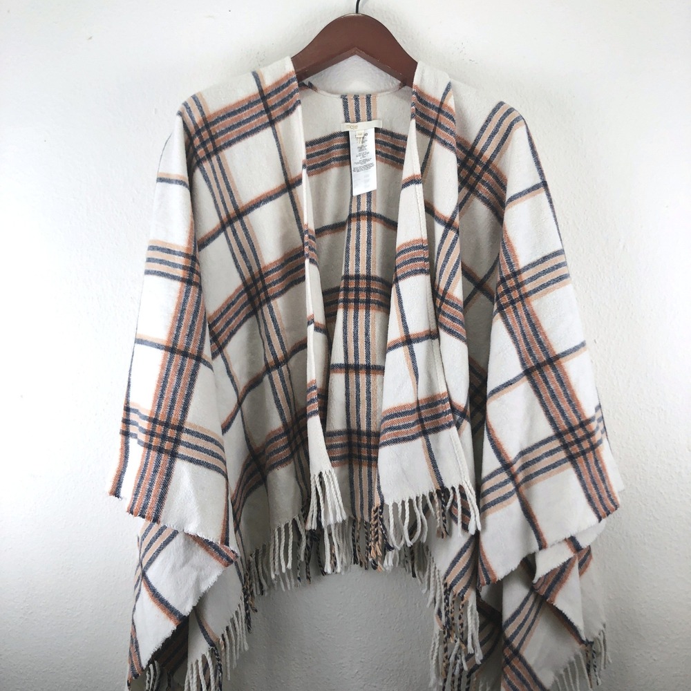 Made in Italy Maje Marengo Plaid Poncho Wrap Shawl Fringe Trim Cream Navy Orange